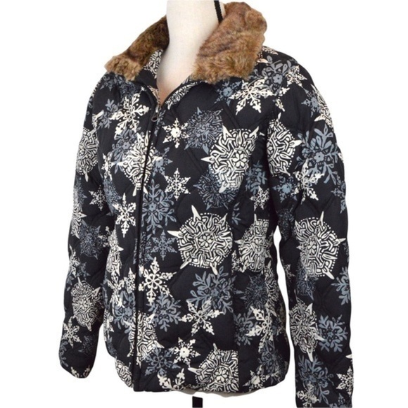 Eddie Bauer Goose Down Snowflake‎ Print Faux Fur Winter Jacket, Small - Picture 1 of 13